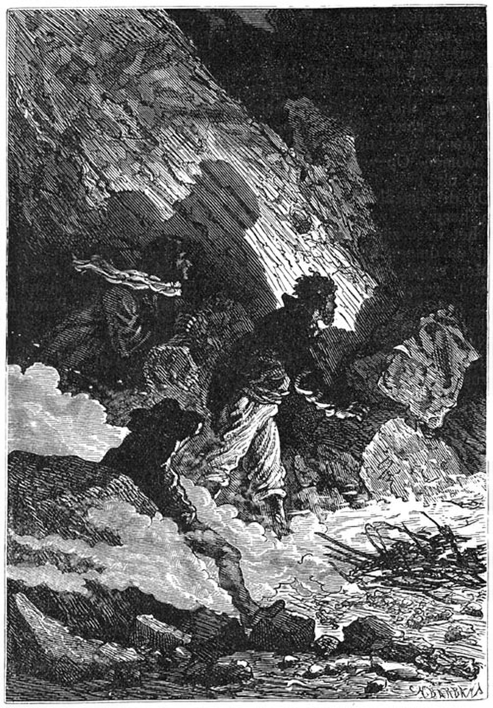 Ilustración histórica de La isla misteriosa, novela de Julio Verne, dibujada por Jules Férat.