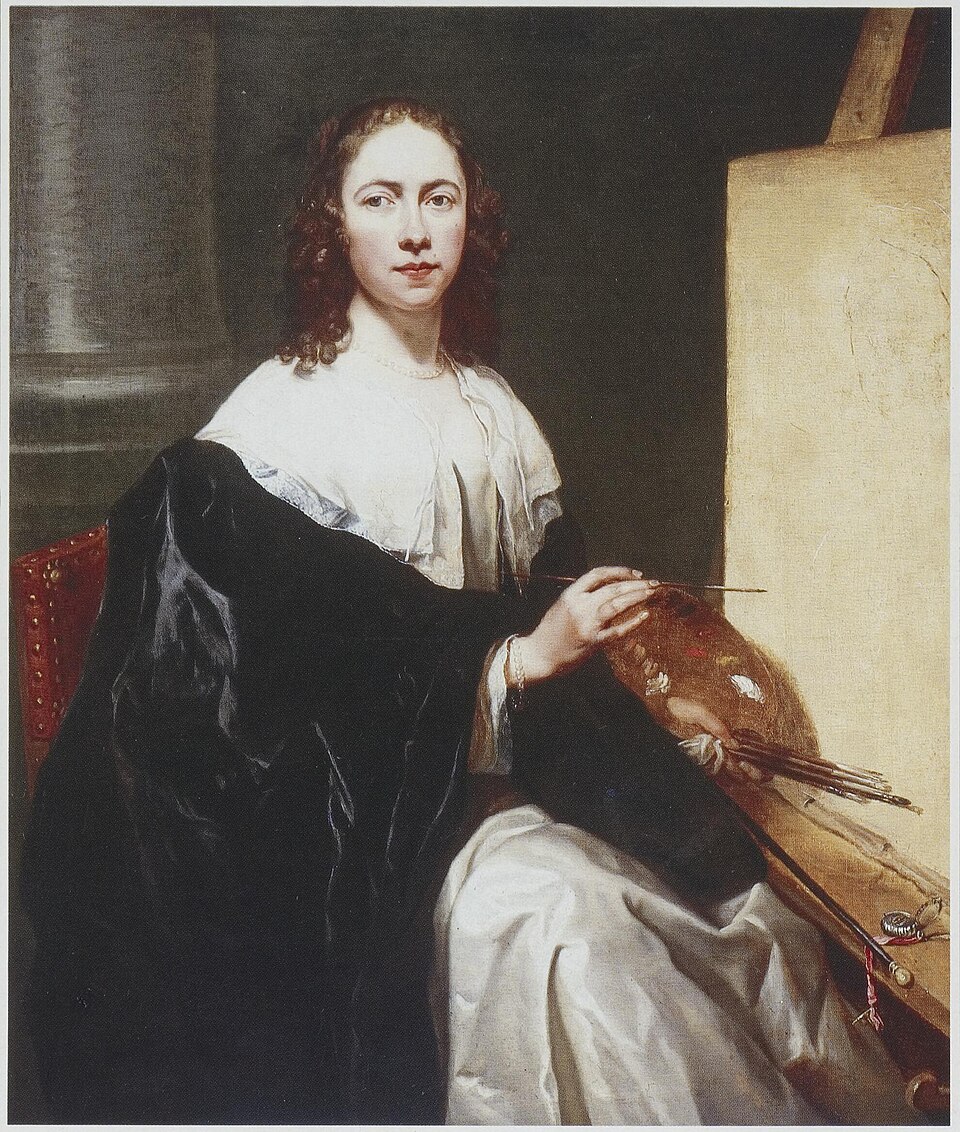 Autorretrato de Michaelina Wautier sentada ante un caballete, con una paleta y varios pinceles en las manos.