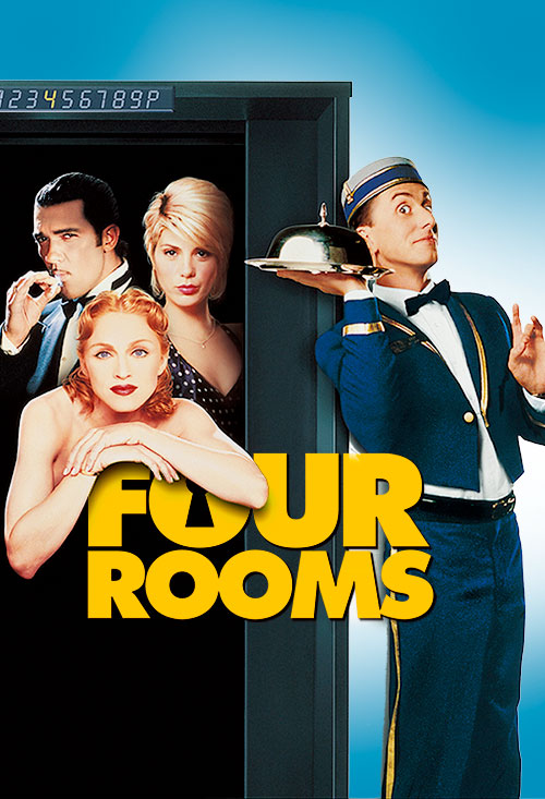 Imagen promocional oficial de Four Rooms, película coral ambientada en un hotel de Los Ángeles durante una noche de Nochevieja.